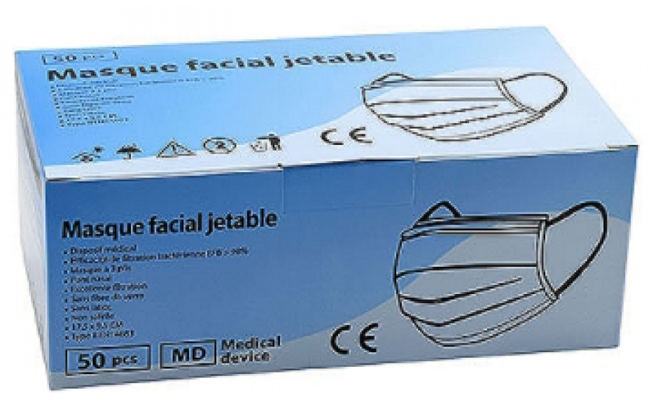  Masques chirurgicaux Bleus 3 Plis jetables - Boîte de 50 